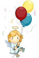 Angel child rising on 3 balloons